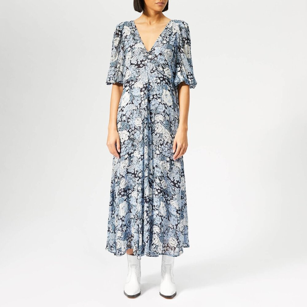 Ganni Printed Georgette Puff Sleeve Dress